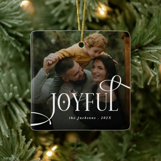 Modern Joyful Family 2 Photo Christmas  Keramisch Ornament (Boom)
