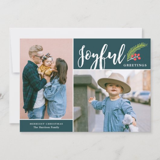 Modern Joyful Greetings Two Photo Blauwgroen Feestdagenkaart (Voorkant)
