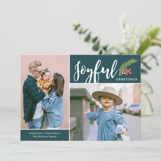 Modern Joyful Greetings Two Photo Blauwgroen Feestdagenkaart (Staand voorkant)