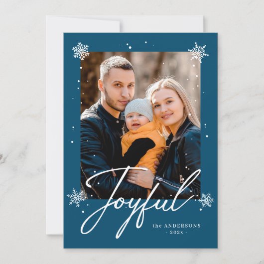 Modern Joyful Script Blue Winter Snowflakes Foto Feestdagenkaart (Voorkant)