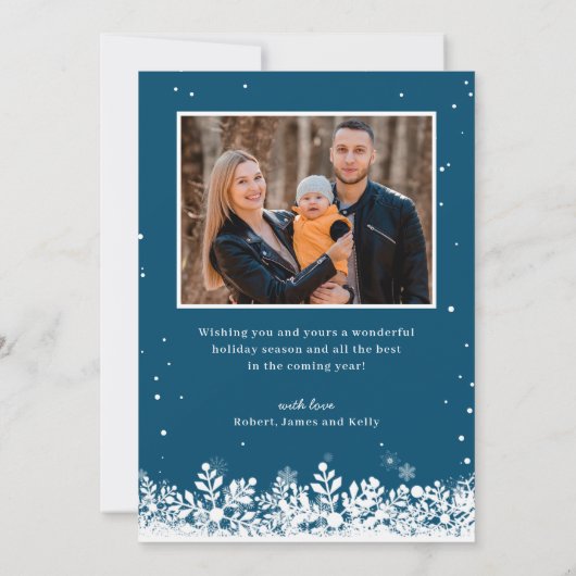 Modern Joyful Script Blue Winter Snowflakes Foto Feestdagenkaart (Achterkant)