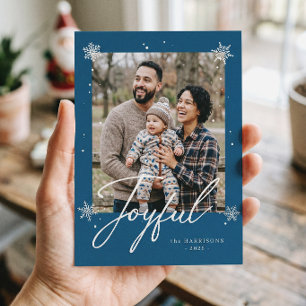 Modern Joyful Script Blue Winter Snowflakes Foto Feestdagenkaart