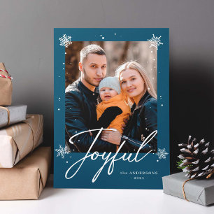 Modern Joyful Script Blue Winter Snowflakes Foto Feestdagenkaart
