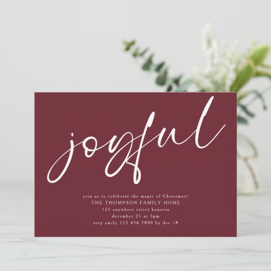 Modern Joyful Script Christmas Party Bourgondië Kaart (Staand voorkant)