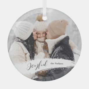 Modern Joyful Script met Snowy Brushstroke Photo Glas Ornament