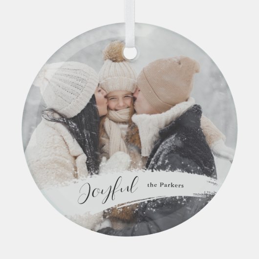 Modern Joyful Script met Snowy Brushstroke Photo Glas Ornament (Voorkant)