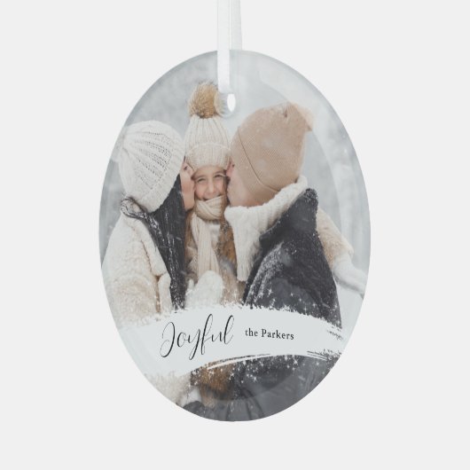 Modern Joyful Script met Snowy Brushstroke Photo Glas Ornament (Voorkant links)