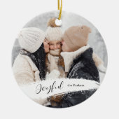 Modern Joyful Script met Snowy Brushstroke Photo Keramisch Ornament (Voorkant)