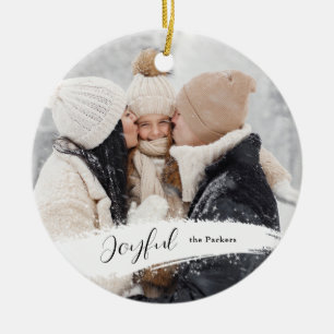 Modern Joyful Script met Snowy Brushstroke Photo Keramisch Ornament