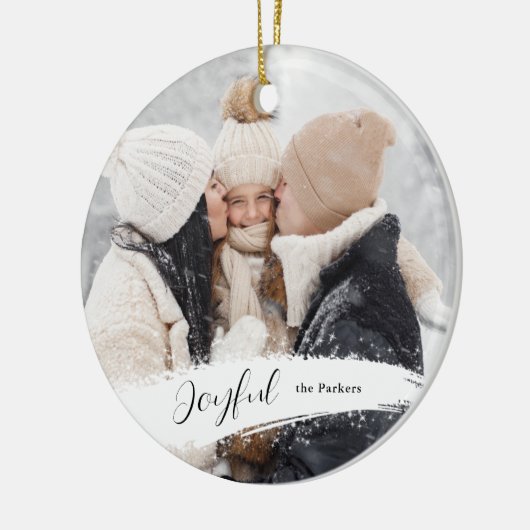 Modern Joyful Script met Snowy Brushstroke Photo Keramisch Ornament (Links)