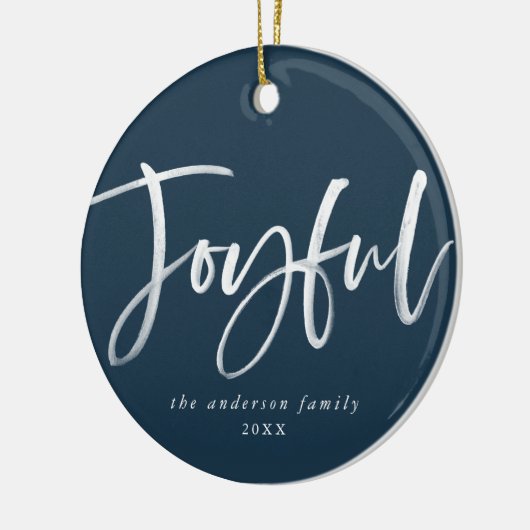 Modern Joyful Script Navy Foto Keramisch Ornament (Links)