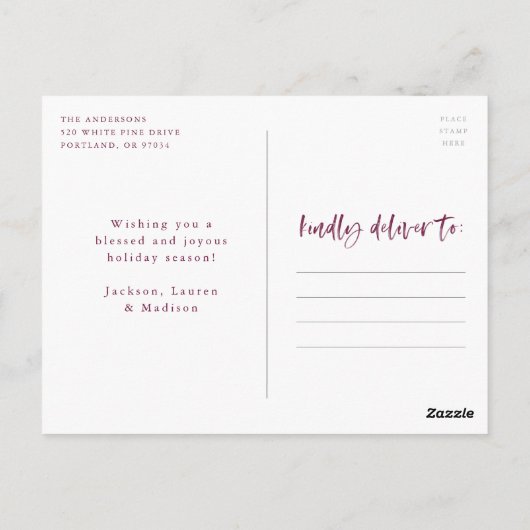 Modern Joyful Script Paarse vakantie foto Briefkaart (Achterkant)