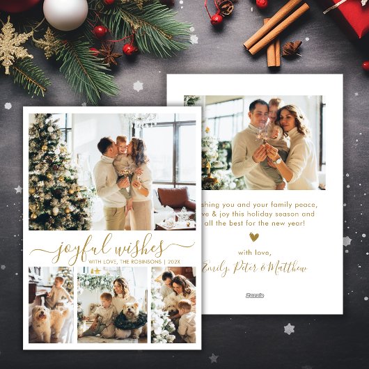 Modern Joyful Wishes Gold Script 4 Foto Kerstmis Feestdagenkaart