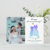 Modern Jubileum Gradient Blue Cats Love Foto Feestdagenkaart (Staand voorkant)