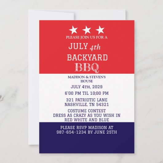 Modern Juli 4th Backyard BBQ Party Rood Wit Blauw Kaart (Voorkant)