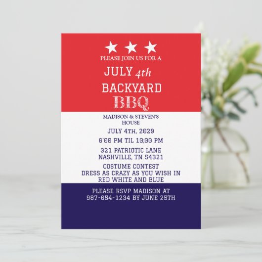 Modern Juli 4th Backyard BBQ Party Rood Wit Blauw Kaart (Staand voorkant)