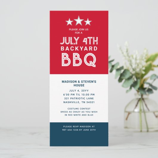 Modern Juli 4th Backyard BBQ Party Rood Wit Blauw Kaart (Staand voorkant)