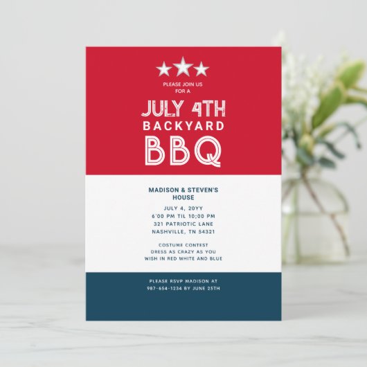 Modern Juli 4th Backyard BBQ Party Rood Wit Blauw Kaart (Staand voorkant)