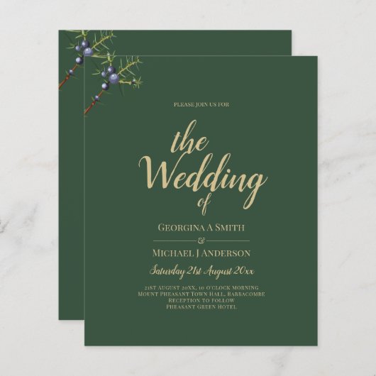 Modern JUNIPER Green GOLD Wedding Invite (Voorkant / Achterkant)