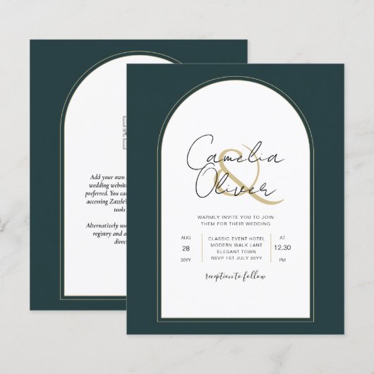 Modern JUNIPER Green Gold Wedding INVITE QR Code (Voorkant / Achterkant)