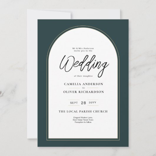 Modern JUNIPER Green Gold Wedding INVITE QR Code Kaart (Voorkant)