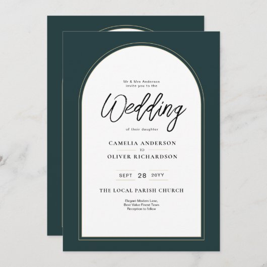 Modern JUNIPER Green Gold Wedding INVITE QR Code Kaart (Voorkant / Achterkant)