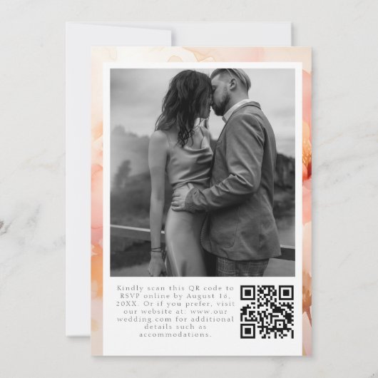 Modern Just Love Peach Floral Wedding QR-code Kaart (Achterkant)