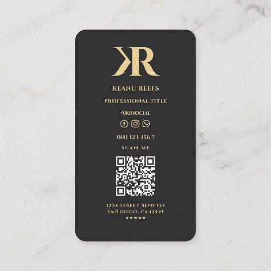 Modern K R Logo Initialen Monogram Zwart Goud Visitekaartje (Achterkant)