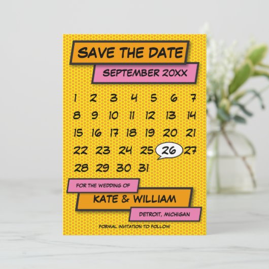 Modern Kalender Fun Comic Book Save The Date (Staand voorkant)