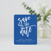 MODERN-kalligrafie met royal blue Save The Date (Staand voorkant)
