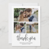 Modern kalligrafie script bruiloft drie foto bedankkaart (Voorkant)