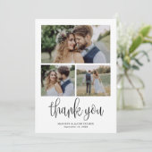 Modern kalligrafie script bruiloft drie foto bedankkaart (Staand voorkant)