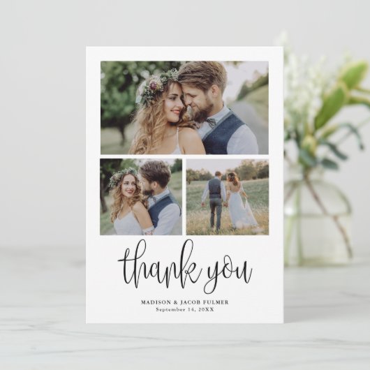 Modern kalligrafie script bruiloft drie foto bedankkaart (Staand voorkant)