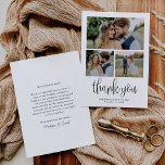 Modern kalligrafie script bruiloft drie foto bedankkaart<br><div class="desc">Deze drie foto kalligrafie bruiloft bedankpas is voorzien van uw trouwfoto's,  met kalligrafie script overlay. Pas uw speciale bruiloft dank u op de achterkant,  of verwijder het om de achterkant leeg te laten voor uw handgeschreven bericht van bedankt.</div>