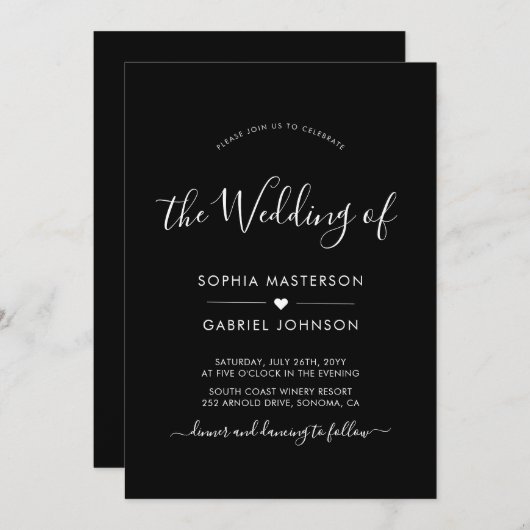 Modern kalligrafie script hart zwart bruiloft kaart (Voorkant / Achterkant)