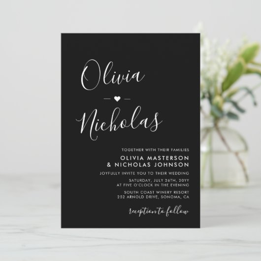 Modern kalligrafie script Monogram Zwart Bruiloft Kaart (Staand voorkant)