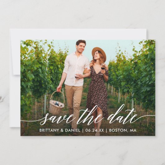 Modern kalligrafie script rustieke hout foto save the date (Voorkant)