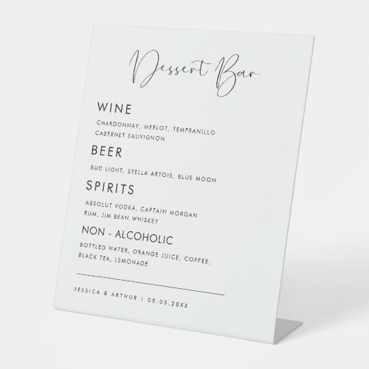 Modern kalligrafiescript bruiloft dessert bar menu reclamebord met voetstuk (Voorkant)