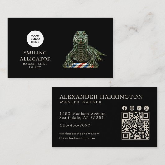 Modern Kapperszaak Emerald Alligator Logo Qr Code Visitekaartje (Voorkant / Achterkant)