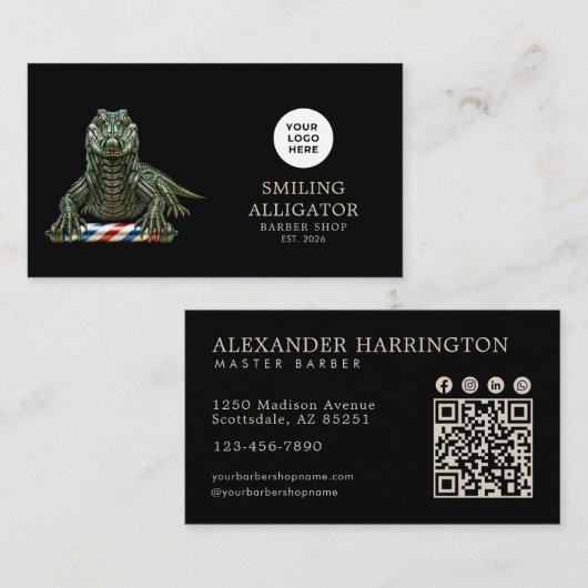 Modern Kapperszaak Emerald Alligator Logo Qr Code Visitekaartje (Voorkant / Achterkant)