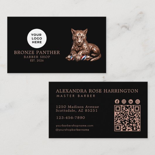 Modern Kapperszaak Roze Goud Panter Logo Qr Code Visitekaartje (Voorkant / Achterkant)