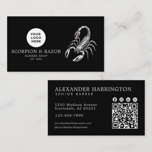 Modern Kapperszaak Zilver Schorpioen Logo Qr Code Visitekaartje (Voorkant / Achterkant)