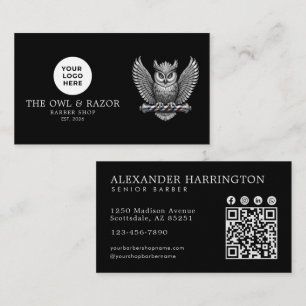 Modern Kapperszaak Zilveren Uil Logo Qr Code Visitekaartje