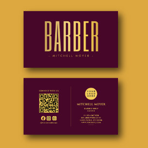 Modern Kapperzaak QR Code Gouden Logo Bourgondiër Visitekaartje