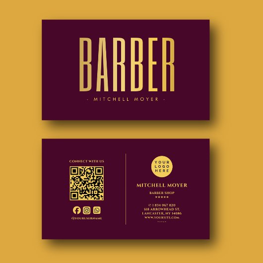 Modern Kapperzaak QR Code Gouden Logo Bourgondiër Visitekaartje