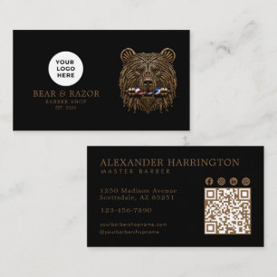 Modern Kapsalon Bronzen Beer Logo Qr Code Visitekaartje
