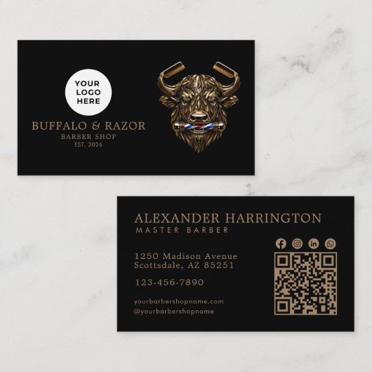 Modern Kapsalon Bronzen Buffalo Logo Qr Code Visitekaartje (Voorkant / Achterkant)