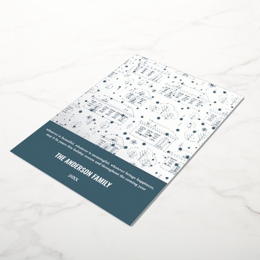 Modern Kerst Blauw Wit Huis Design Zilver Folie Feestdagenkaart (Gedraaid)