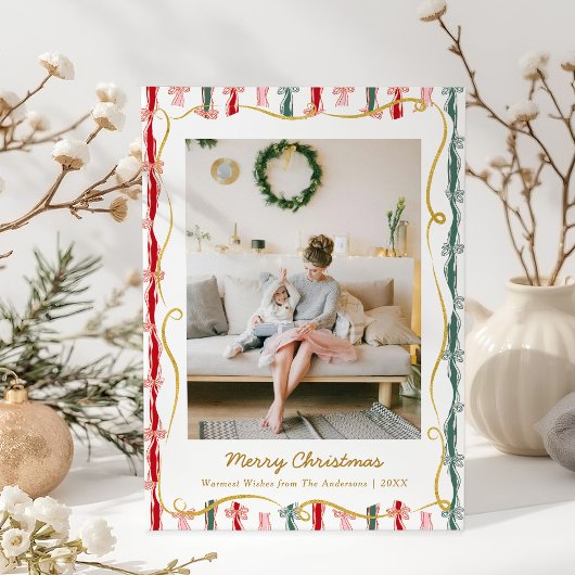 Modern Kerst Coquette Strik Patroon 1 Foto Feestdagenkaart