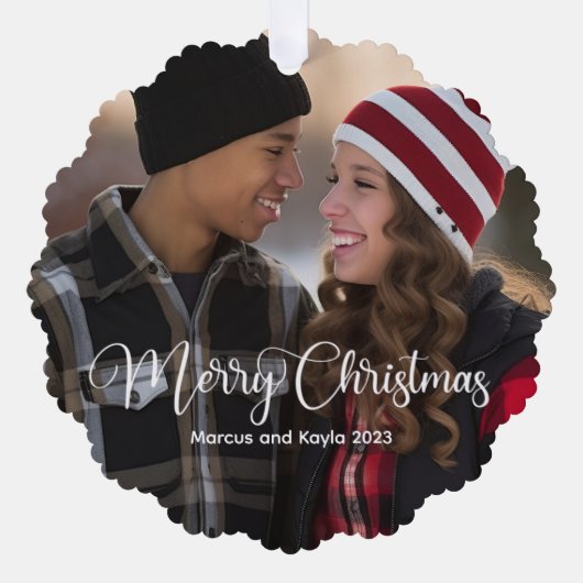 Modern Kerst Elegant Wit Script Foto Gift Ornament Kaart (Voorkant)